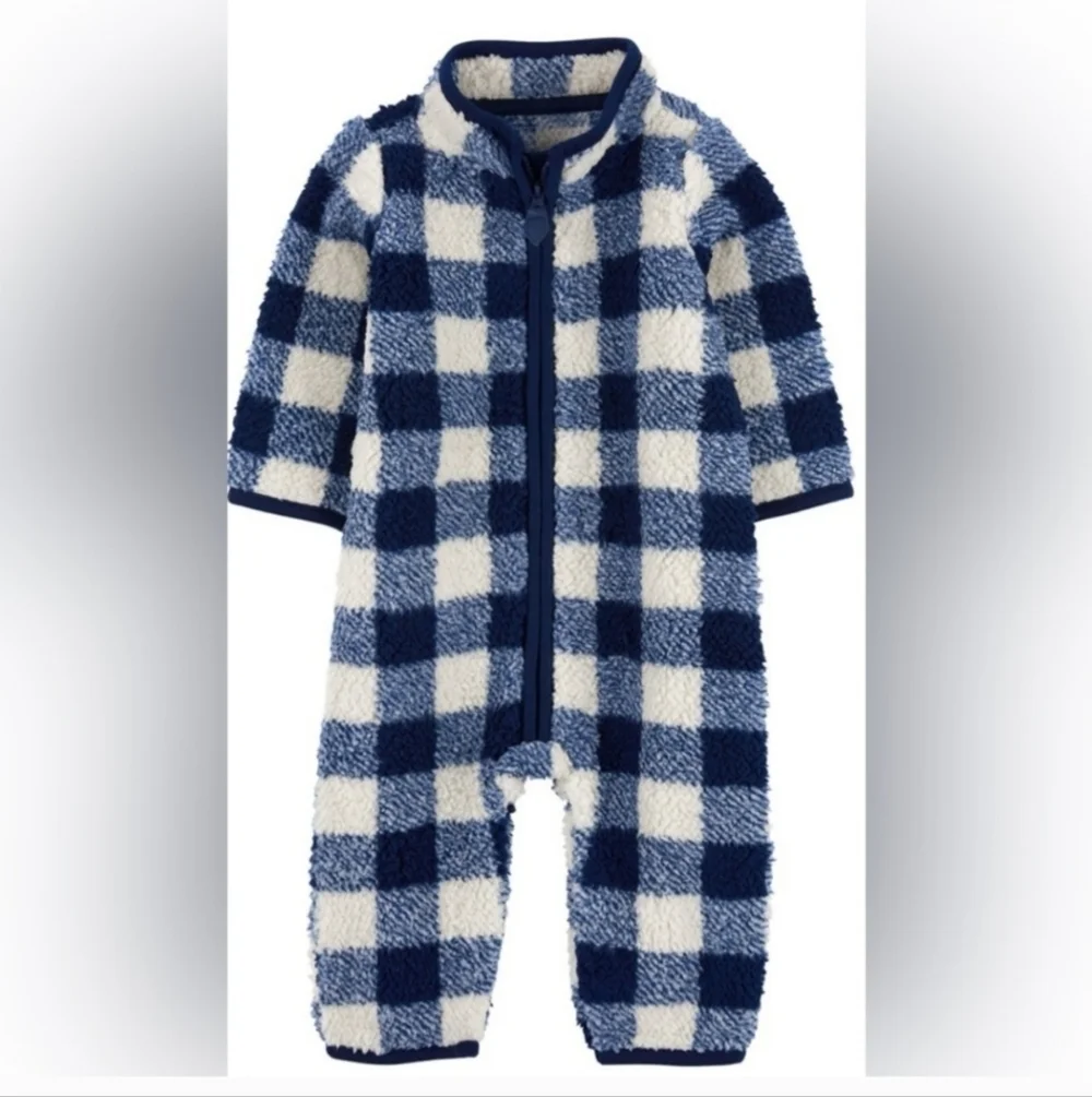 NWT Carter's Fleece Navy Plaid Zip-Up 1 Piece Bodysuit ~9M